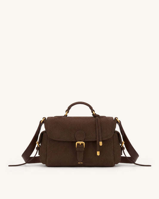 Marina Faux Suede Flap Multi-Pocket Top Handle Crossbody Bag - Dark Br | JW PEI
