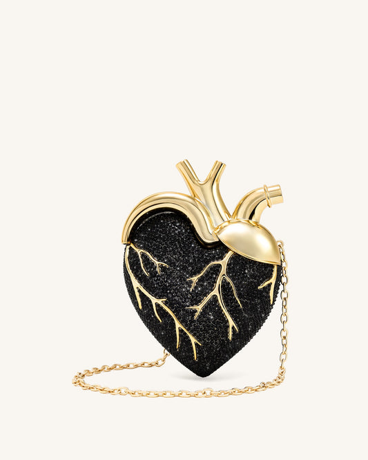 Maren Artificial Crystal Heart Shaped Bag - Black Gold | JW PEI