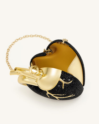 Maren Artificial Crystal Heart Shaped Bag - Black Gold | JW PEI