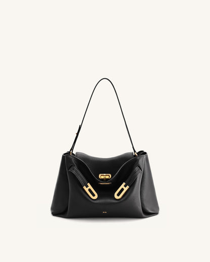 Rhea Pebbled Double Buckle Shoulder Bag - Black | JW PEI