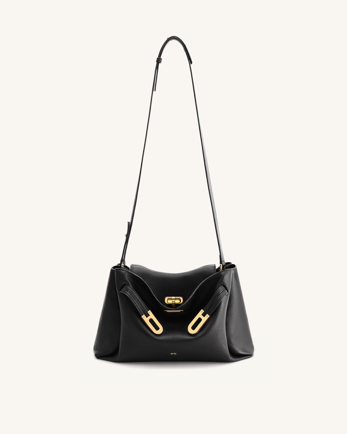 Rhea Pebbled Double Buckle Shoulder Bag - Black | JW PEI