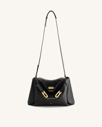 Rhea Pebbled Double Buckle Shoulder Bag - Black | JW PEI