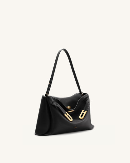 Rhea Pebbled Double Buckle Shoulder Bag - Black | JW PEI