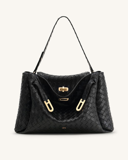 Rhea Large Woven Textured Shoulder Bag - Black | JW PEI