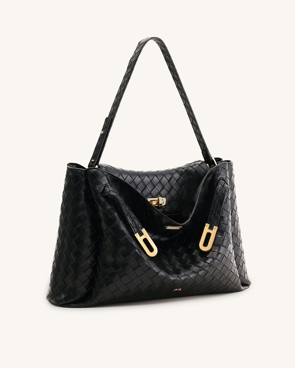 Rhea Large Woven Textured Shoulder Bag - Black | JW PEI