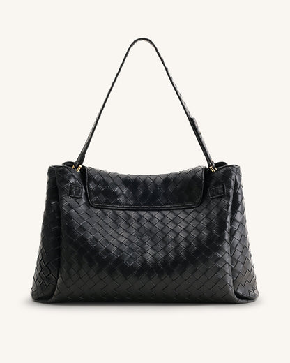 Rhea Large Woven Textured Shoulder Bag - Black | JW PEI