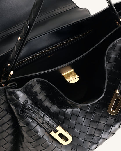 Rhea Large Woven Textured Shoulder Bag - Black | JW PEI