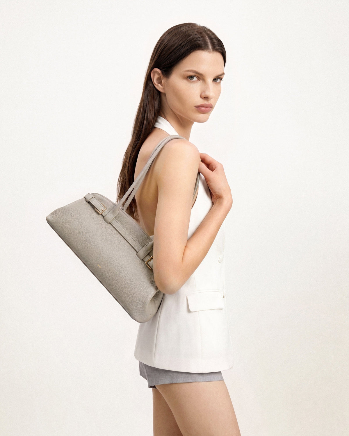 Arden Pebbled Belt Detail East-West Shoulder Bag - Taupe | JW PEI
