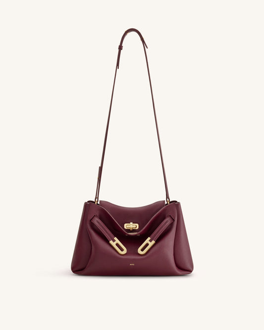 Rhea Pebbled Double Buckle Shoulder Bag - Dark Burgundy | JW PEI