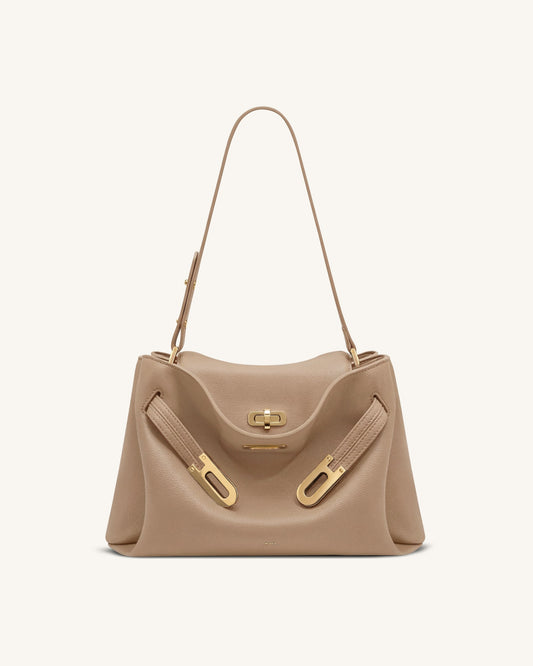 Rhea Pebbled Double Buckle Shoulder Bag - Khaki | JW PEI