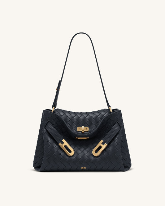 Rhea Woven Texture Double Buckle Shoulder Bag - Navy Blue | JW PEI