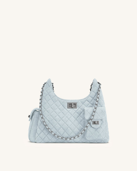 Vivian Faux Suede Quilted Shoulder Bag - Light Blue | JW PEI