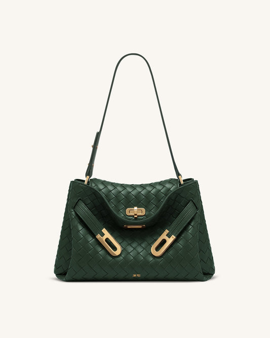 Rhea Woven Texture Double Buckle Shoulder Bag - Teal | JW PEI
