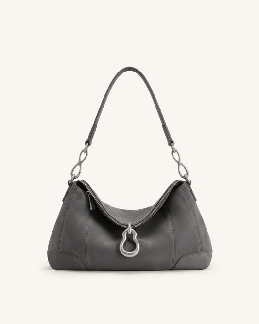Jayla Faux Suede Metal Pendant Embellished Shoulder Bag - Dark Grey | JW PEI
