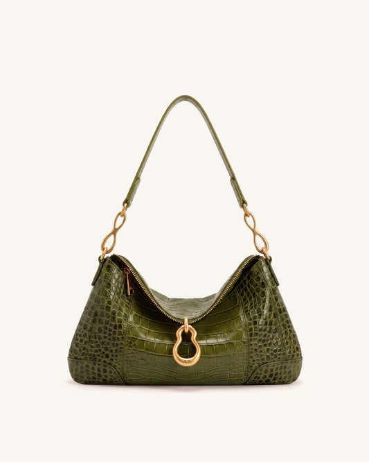 Jayla Metal Pendant Embellished Shoulder Bag - Green Croc | JW PEI
