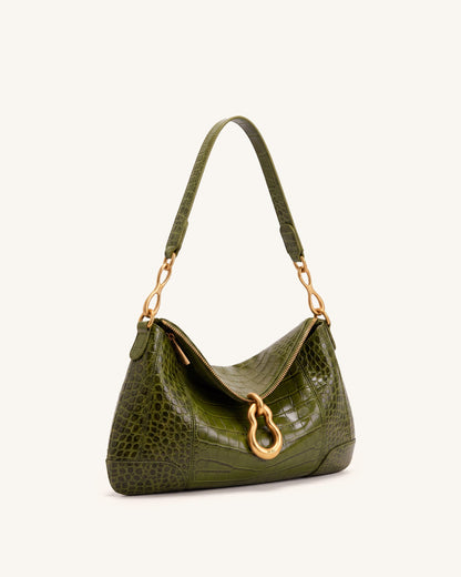 Jayla Metal Pendant Embellished Shoulder Bag - Green Croc | JW PEI