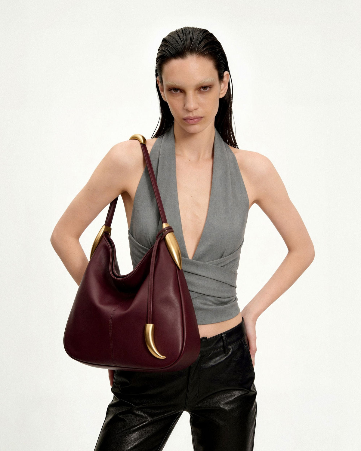 Nina Metal Charm Hobo Bag - Burgundy | JW PEI