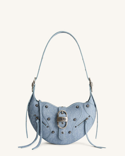 Tessa Denim Embossed Shoulder Bag - Blue | JW PEI