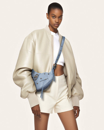 Tessa Denim Embossed Shoulder Bag - Blue | JW PEI