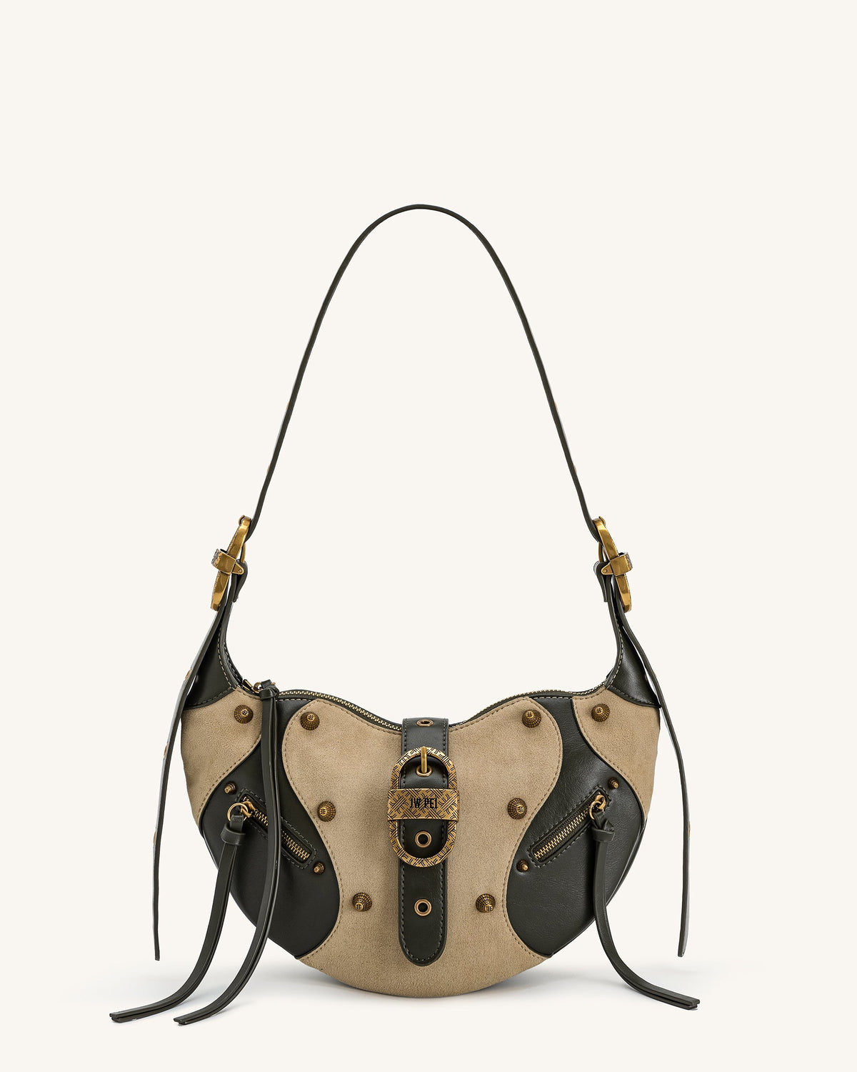Tessa Faux Suede Studded Shoulder Bag - Khaki Green | JW PEI