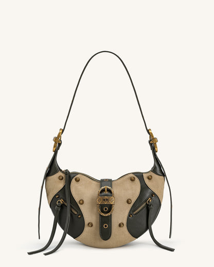 Tessa Faux Suede Studded Shoulder Bag - Khaki Green | JW PEI