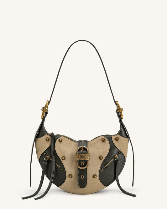 Tessa Faux Suede Studded Shoulder Bag - Khaki Green | JW PEI