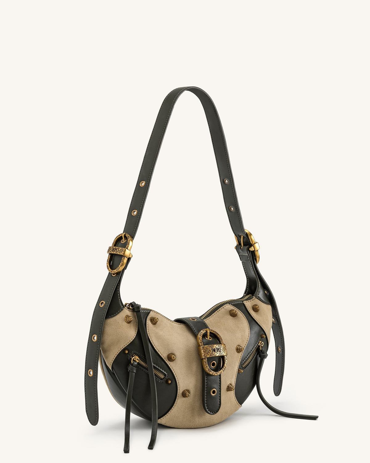 Tessa Faux Suede Studded Shoulder Bag - Khaki Green | JW PEI