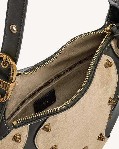 Tessa Faux Suede Studded Shoulder Bag - Khaki Green | JW PEI