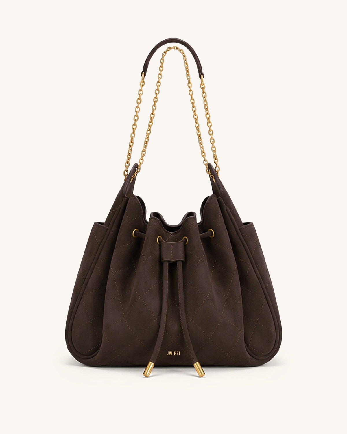 Rowan Faux Suede Quilted Chain Bucket Bag - Dark Brown | JW PEI