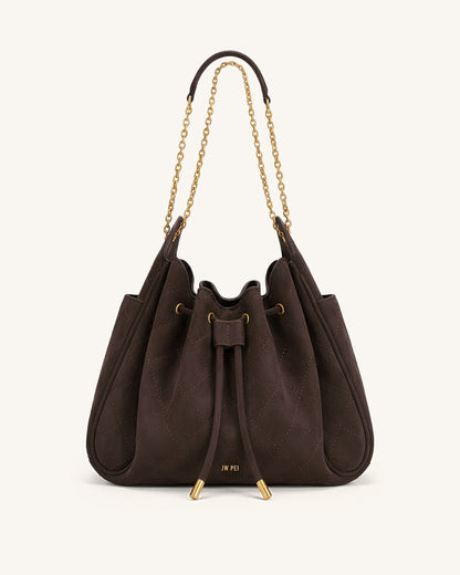 Rowan Faux Suede Quilted Chain Bucket Bag - Dark Brown | JW PEI