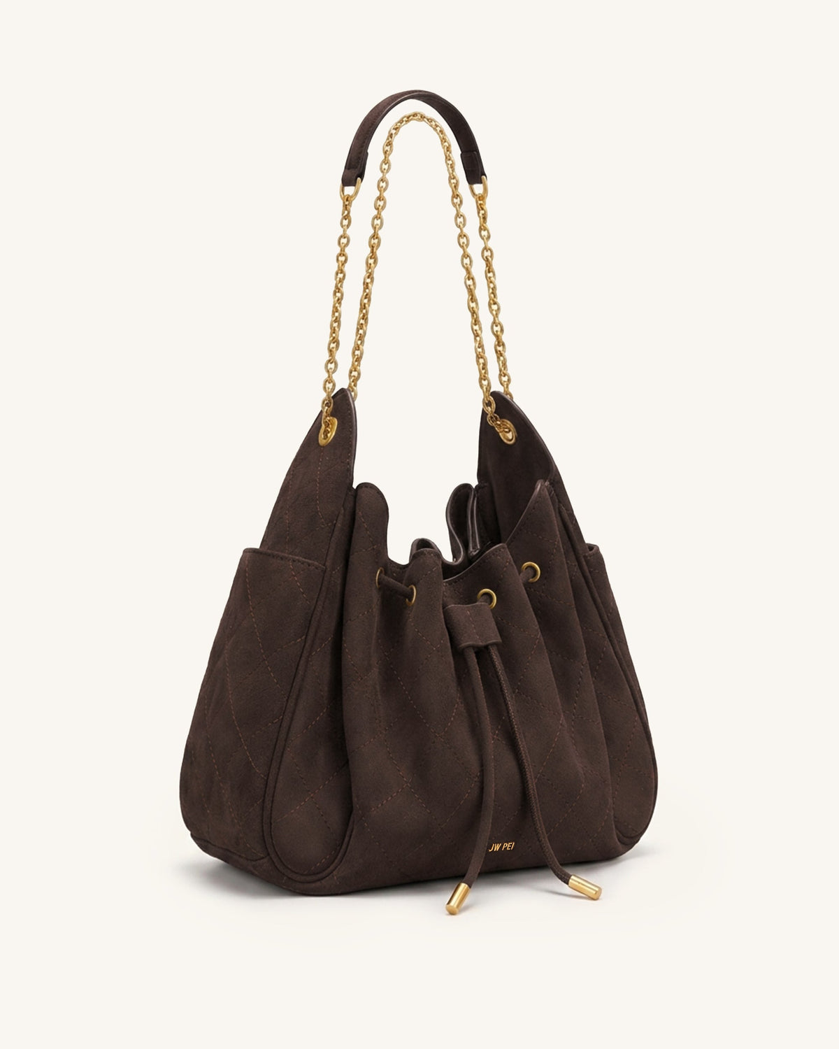 Rowan Faux Suede Quilted Chain Bucket Bag - Dark Brown | JW PEI