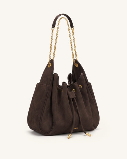 Rowan Faux Suede Quilted Chain Bucket Bag - Dark Brown | JW PEI