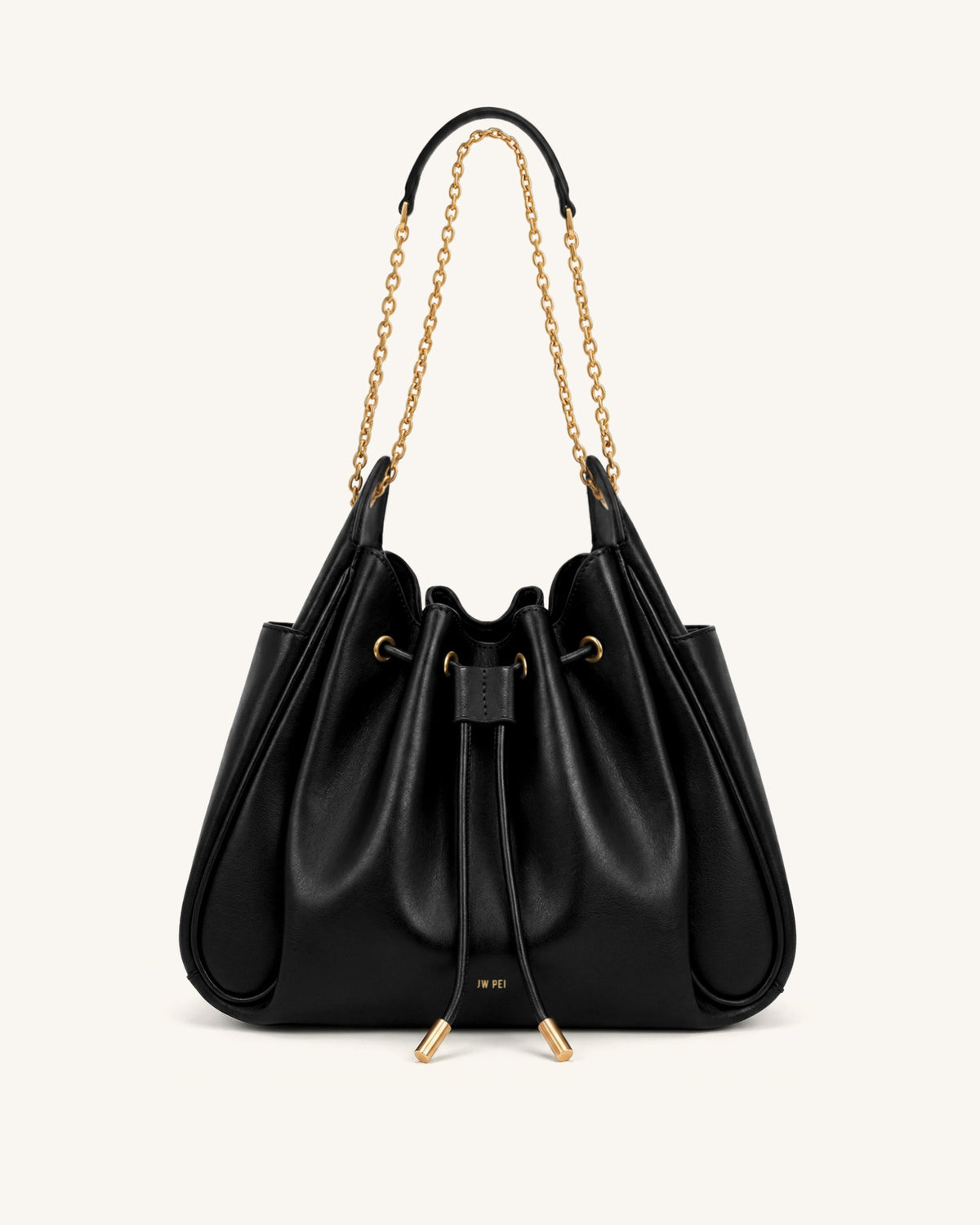 Rowan Ruched Drawstring Chain Bucket Bag - Black | JW PEI