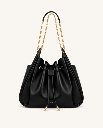 Rowan Ruched Drawstring Chain Bucket Bag - Black | JW PEI