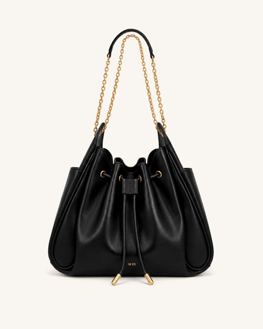 Rowan Ruched Drawstring Chain Bucket Bag - Black | JW PEI