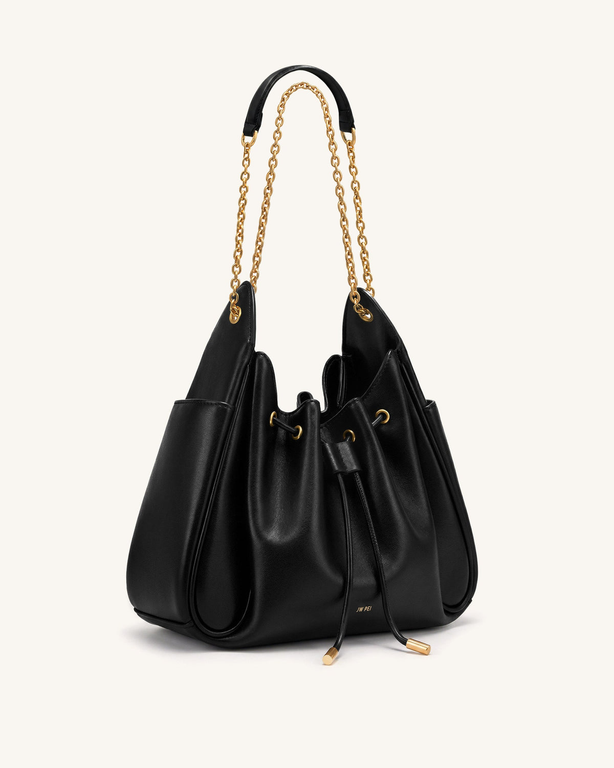 Rowan Ruched Drawstring Chain Bucket Bag - Black | JW PEI