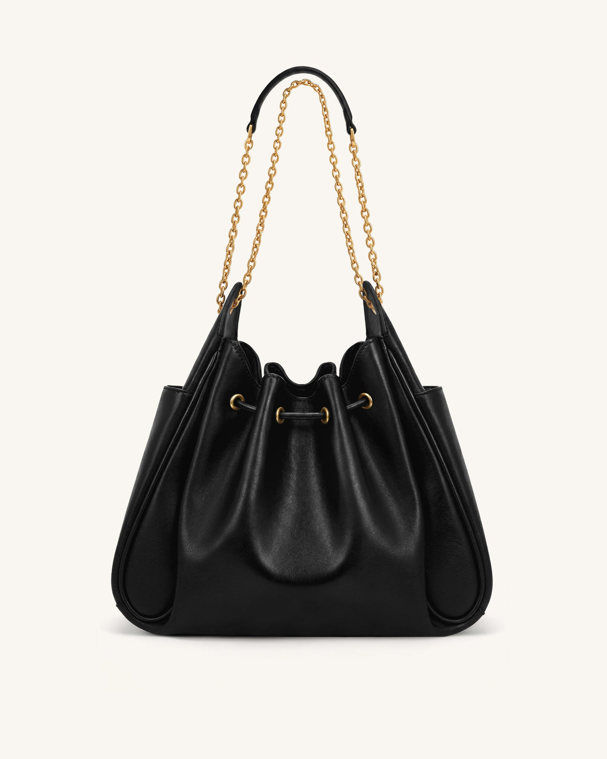 Rowan Ruched Drawstring Chain Bucket Bag - Black | JW PEI