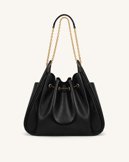 Rowan Ruched Drawstring Chain Bucket Bag - Black | JW PEI