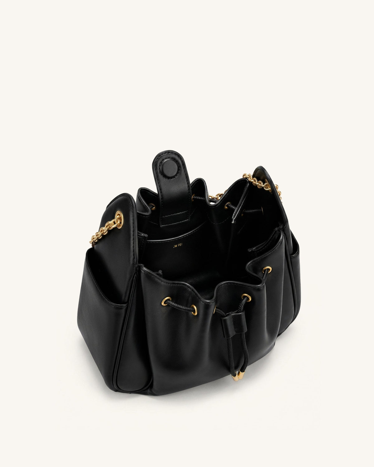 Rowan Ruched Drawstring Chain Bucket Bag - Black | JW PEI