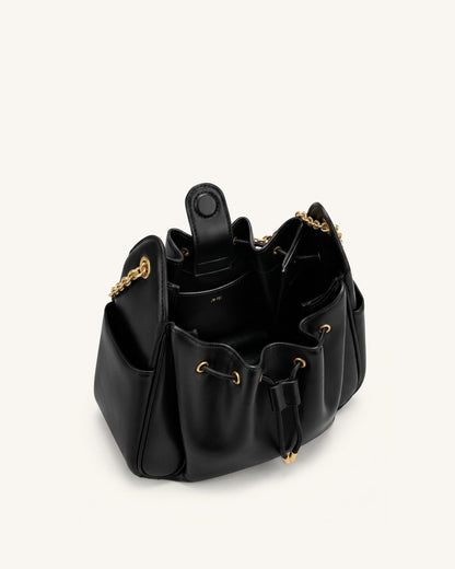 Rowan Ruched Drawstring Chain Bucket Bag - Black | JW PEI