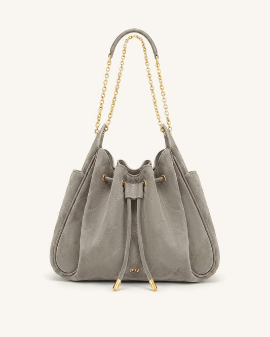 Rowan Faux Suede Quilted Chain Bucket Bag - Gray | JW PEI