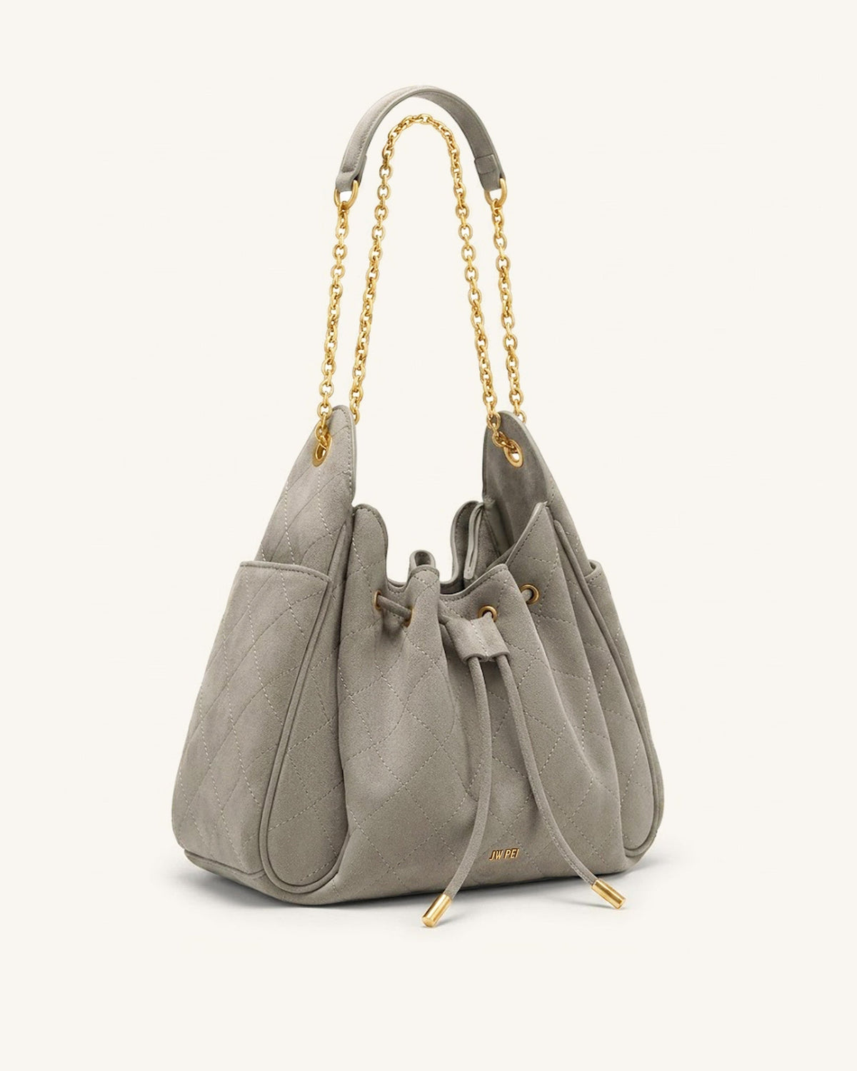 Rowan Faux Suede Quilted Chain Bucket Bag - Gray | JW PEI