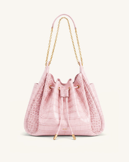 Rowan Ruched Drawstring Chain Bucket Bag - Pink Croc | JW PEI