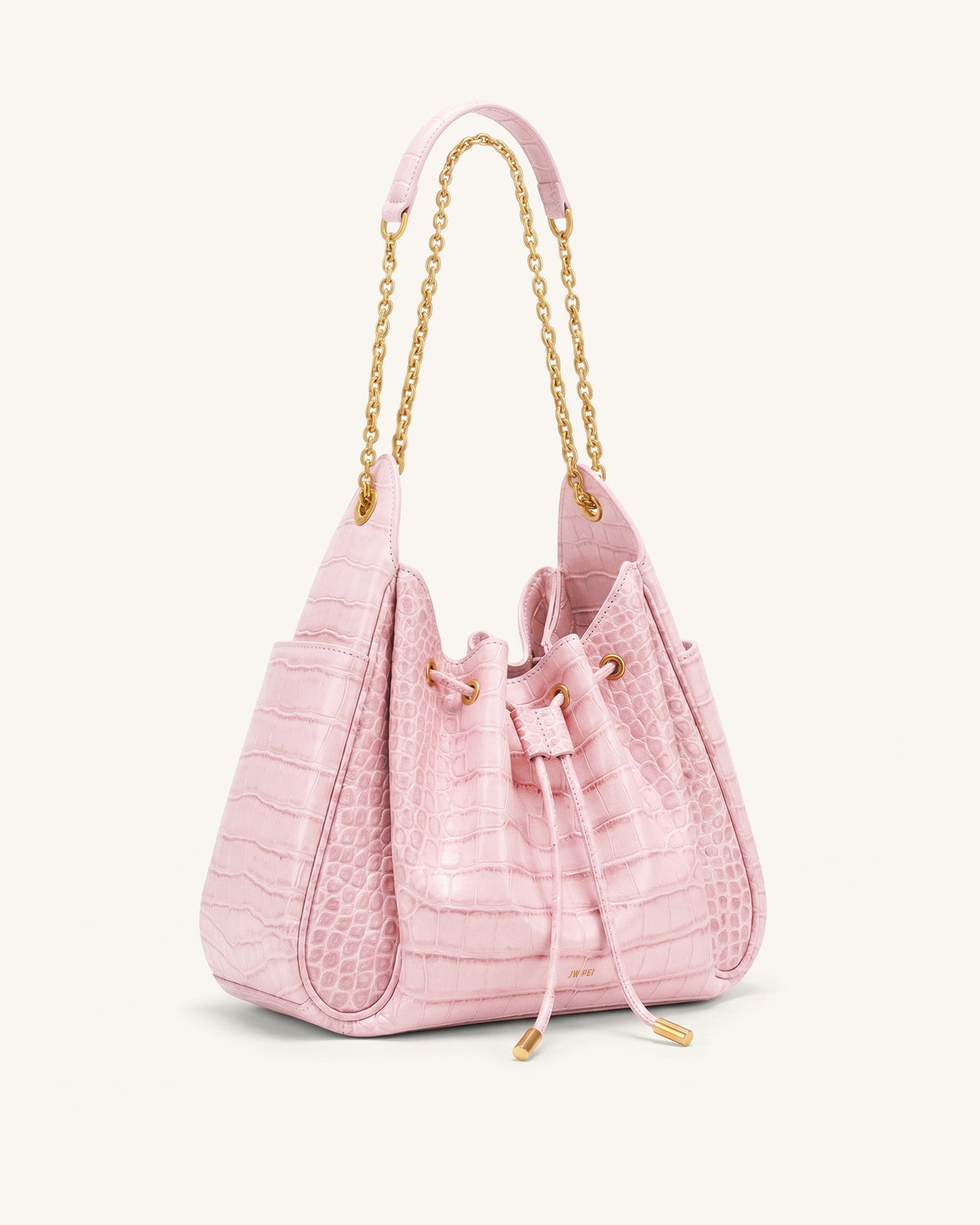 Rowan Ruched Drawstring Chain Bucket Bag - Pink Croc | JW PEI