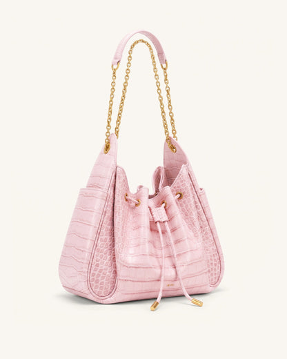Rowan Ruched Drawstring Chain Bucket Bag - Pink Croc | JW PEI