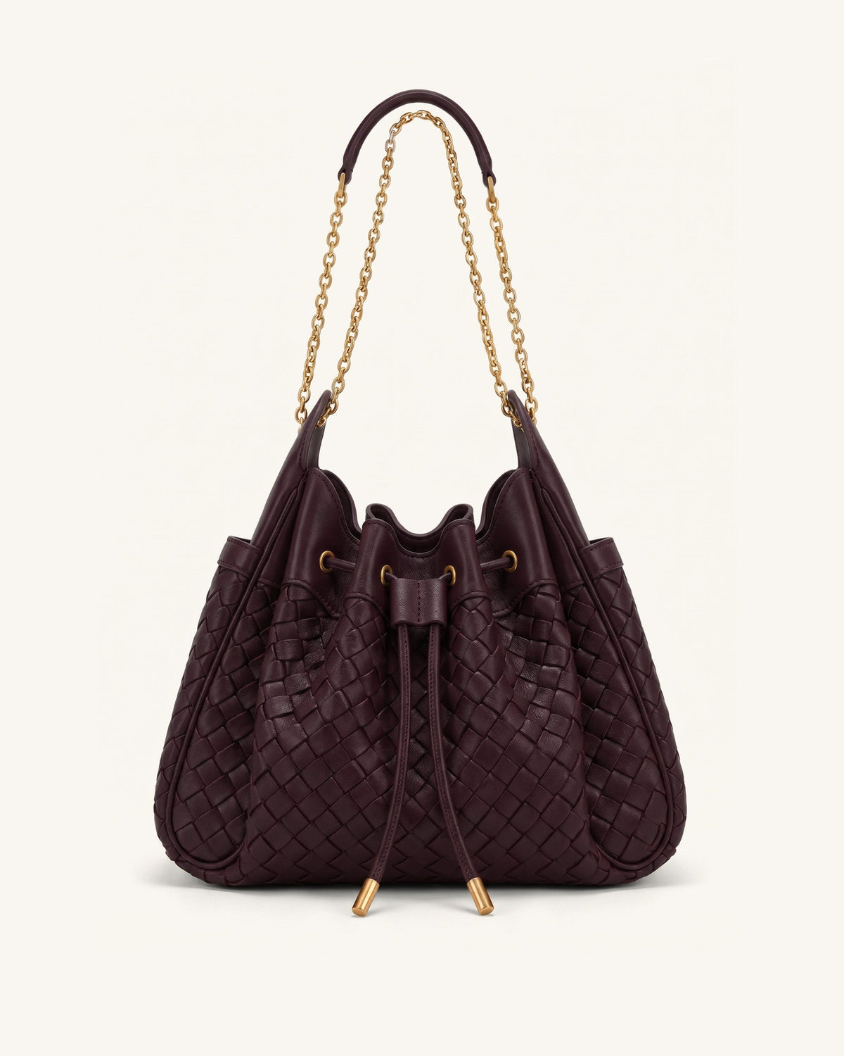 Rowan Weaving Ruched Drawstring Chain Bucket Bag - Dark Cherry | JW PEI