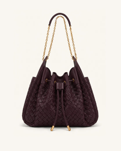 Rowan Weaving Ruched Drawstring Chain Bucket Bag - Dark Cherry | JW PEI