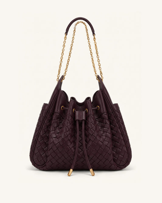 Rowan Weaving Ruched Drawstring Chain Bucket Bag - Dark Cherry | JW PEI