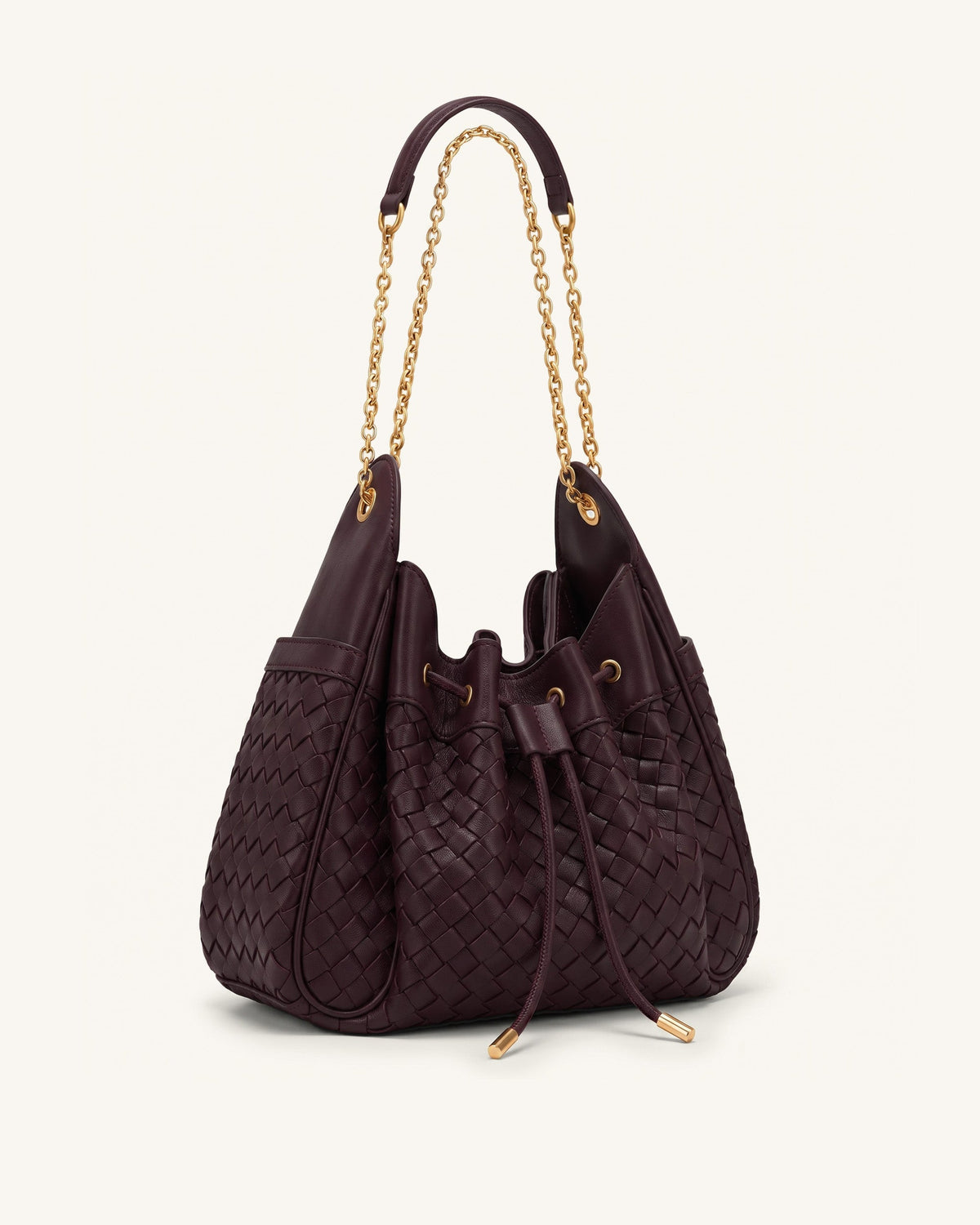 Rowan Weaving Ruched Drawstring Chain Bucket Bag - Dark Cherry | JW PEI