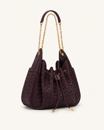 Rowan Weaving Ruched Drawstring Chain Bucket Bag - Dark Cherry | JW PEI